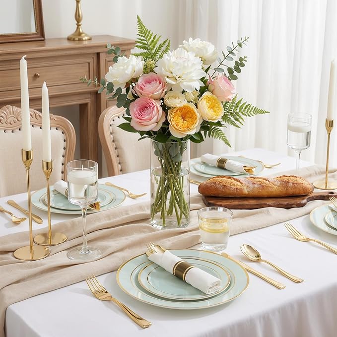 WDF Partyware 350PCS Green Plates Disposable - Sage Green Plastic Plates 50Guests Plastic Dinnerware with Rolled Napkins for Party/Birthday/Spring
