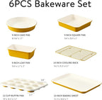 CAROTE 6-Piece Nonstick Ceramic Baking Pans Set - Bakeware Sets Including Cookie Sheets for Baking, Muffin Pan, Bread Pan, Cake pan, Loaf Pan, Cooling Rack, Mustard Yellow & Cream White