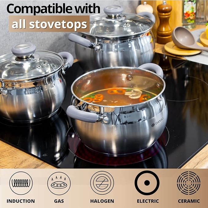 Daniks Modern 7 Quart Stainless Steel Stock Pot with Glass Lid, Tri-Ply Bottom for Even Heating, Induction Compatible, Dishwasher Safe, Heatproof Handles