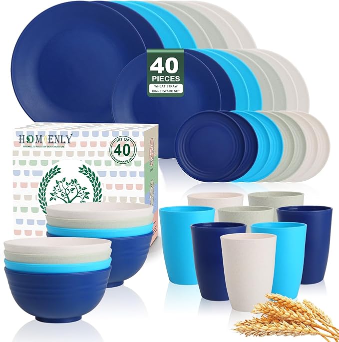 Homienly 40 PCS Wheat Straw Plates and Bowls Sets, Cups Sets, Dishes Set for 8, Unbreakable Microwave and Dishwasher Safe Dinnerware Sets,Reusbale Plastic Outdoor Camping Dishes - Island Series