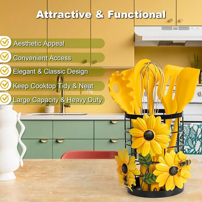 Sunflower Utensil Caddy with Silicone Cooking Utensils Set 6PCS, Canister Holder Sunflower Kitchen Decor and Accessories Theme Set Counter Yellow Kitchen Decor Country Crock Organizer Gifts for Women