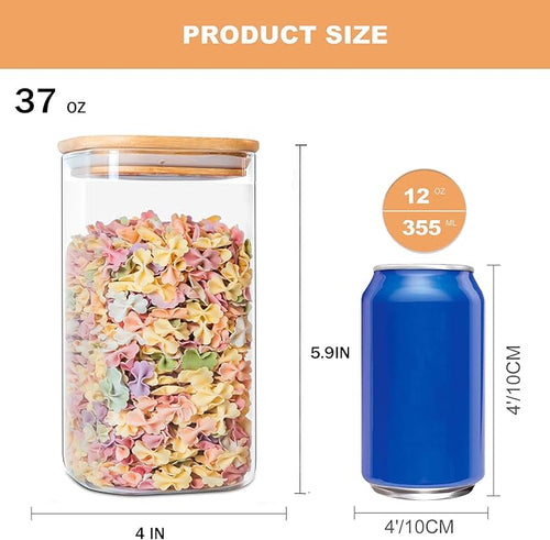 6-Pack Glass Food Storage Jars Set (3 Square + 3 Round), 37oz Airtight Clear Canisters with Bamboo Lids, Stackable Pantry Containers for Flour, Sugar, Rice, Pasta, Nuts, Candy & Spice Organization