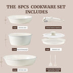 8pcs Ceramic Pots and Pans Set, Non Stick Cookware Set, Detachable Handle Cookware, Induction Kitchen Cooking Set with Removable Handle,Oven Safe, Induction Fast, Stackable Cookware Set