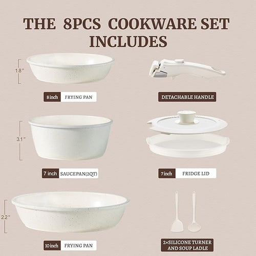 8pcs Ceramic Pots and Pans Set, Non Stick Cookware Set, Detachable Handle Cookware, Induction Kitchen Cooking Set with Removable Handle,Oven Safe, Induction Fast, Stackable Cookware Set