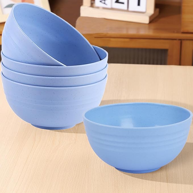 Unbreakable Wheat Straw Cereal Bowls Set of 4, 24 OZ Microwave and Dishwasher Safe Lightweight Soup and Salad Bowl Sets, Reusable Dessert Bowls for Rice, Pasta, Snack, Fruit, BPA Free (Blue)