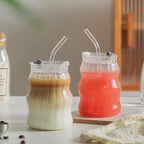 KEMORELA 4PCS Ribbed Glass Cups with Lids & Straws – 18oz Vintage Wavy Coffee Cups, Bubble Glass Aesthetic for Iced Coffee, Clear Ribbed Glasses with Straws, Ideal Drinkware Set