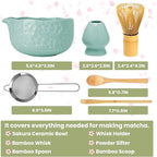 Matcha Whisk Set, Sakura Blue Ceramic Matcha Set Includes Matcha Bowl, Matcha Whisk (Chasen) and Holder, Sifter, Bamboo Scoop & Spoon - 6 Pcs Matcha Kit for Matcha Lovers