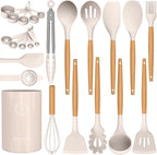 Silicone Cooking Utensils Set - AVGPD Silicone Kitchen Utensils for Cooking Wooden Handles, 446°F Heat Resistant Kitchen Utensil Spatula Sets w Holder, Gadgets for Non-Stick Cookware BPA FREE (Khaki)