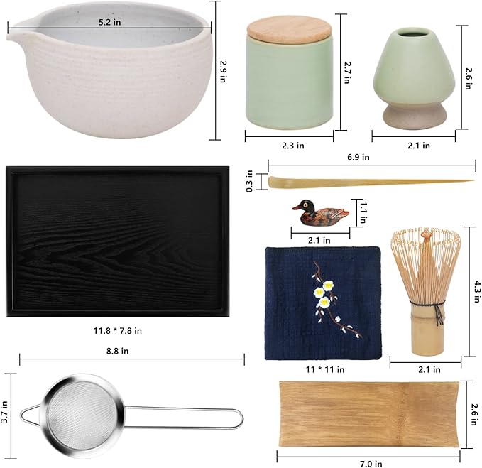 Artcome Japanese Matcha Tea Set, Matcha Bowl with Pouring Spout, Black Tea Tray, Matcha Whisk, Ceramic Whisk Holder, Matcha Powder Caddy, Handmade Matcha Ceremony Kit For Japanese Tea Ceremony (10Pcs)