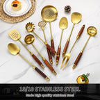 18/10 Stainless Steel Kitchen Utensils Set with Wood Handle Metal Cooking Utensils Set 10 Piece - Spatula, Spoon, Ladle, Skimmer, Slotted Turners, Pasta,Turner, Ladl, Fork