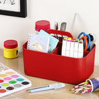 Multiuse Caddy Organizer with Handle, Portable Divided Plastic Tote Bin - Art Craft, Stationary Pen Marker Crayons, Makeup Hair Supplies Storage - Bathroom, Classroom, Dorm, Office, Desk Holder - Red