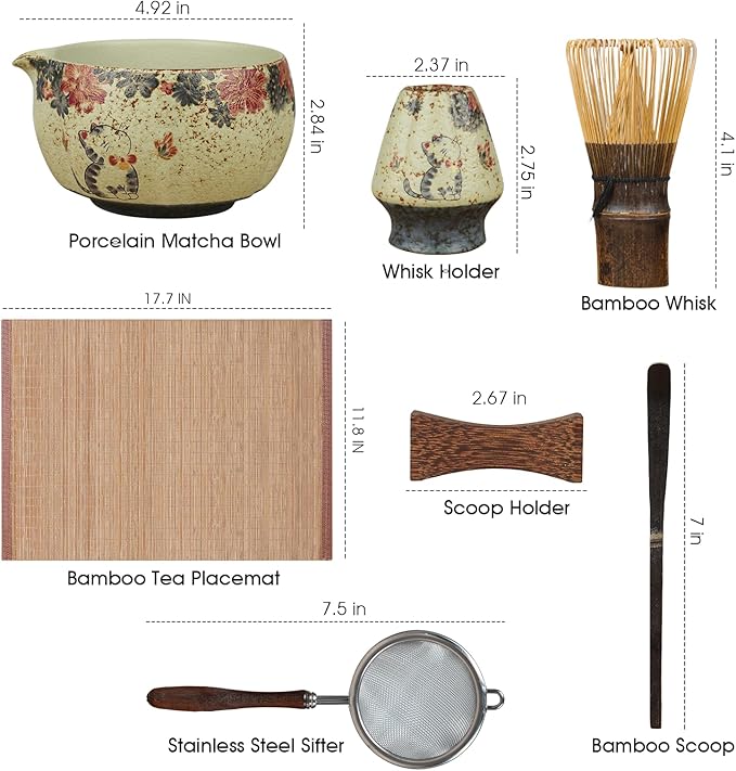 Matcha Whisk Set, 7-Piece Matcha Kit with Ceramic Bowl, Bamboo Whisk, Scoop, Sifter, Holder & Bamboo Mat – Premium Matcha Tea Set for Beginners & Matcha Lovers, Gift Ready