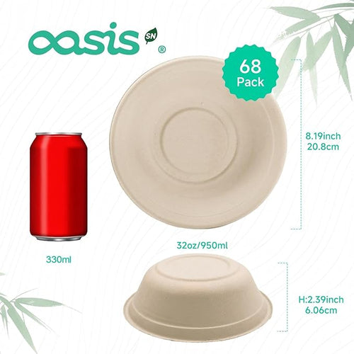 32 oz 68-Pack Large Compostable Paper Bowls, Disposable Meal Prep & Takeout Bowls, Heavy-Duty Bagasse Bowls for Ramen, Salad & Large Portions, Microwave & Freezer Safe, Eco-Friendly(Natural)