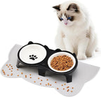 Ceramic Elevated Cat Bowls Kitty Bowls - 15° Tilt Anti-Vomiting, Silicone Mat Included, Whisker Friendly for Indoor Cats & Small Dogs (2-Pack) (Black)