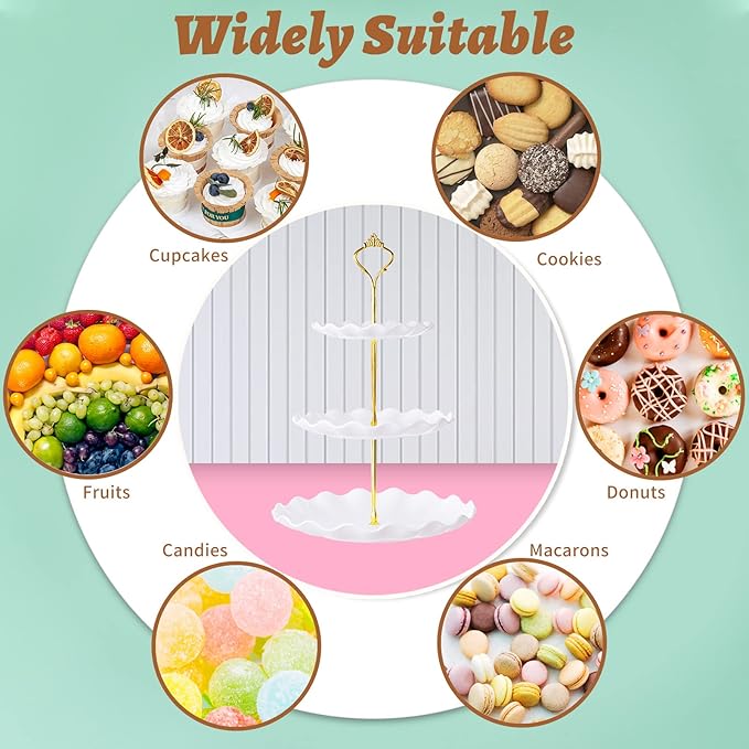 BACUTHY 3 Tier Cupcake Stand Holder, Plastic Cup Cake Stand Towel with Tiered Serving Tray for Cupcakes, Donuts, Fruits and More, White (White)