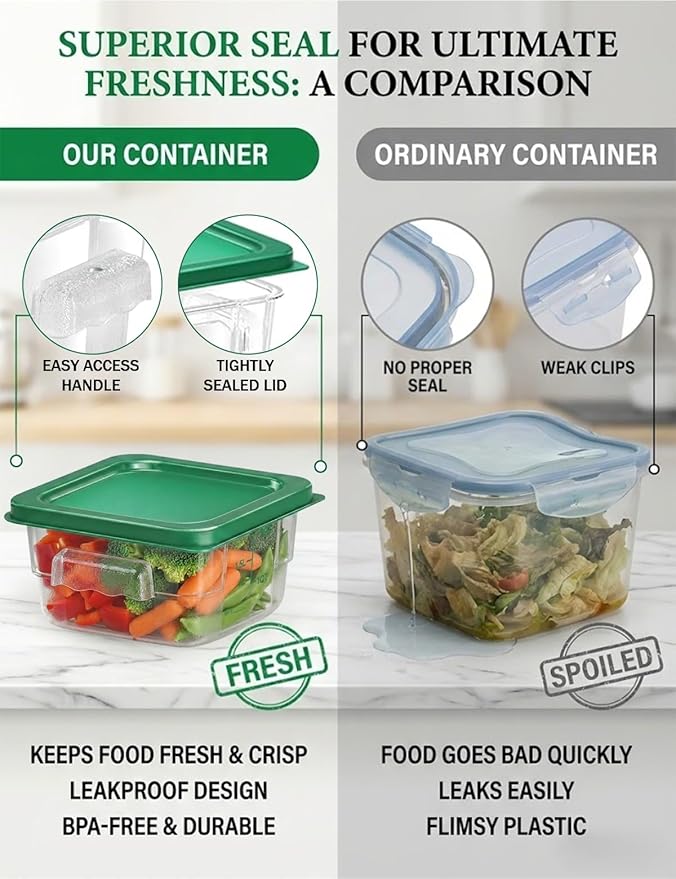 4 Pack 2QT Food Storage Containers with Green Lids, Clear Square Restaurant Commercial Food Storage Containers with Handle and Scale, Marinating Container Dough Rising Bucket for Home & Dining