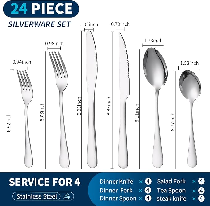 GPY 24-Piece Silverware Set with Steak Knives, Nickel Free 18/0 Stainless Steel Flatware Set Service for 4, Heavy Duty Eating Utensils with Mirror Polish, Dishwasher Safe for Home Kitchen & Restaurant