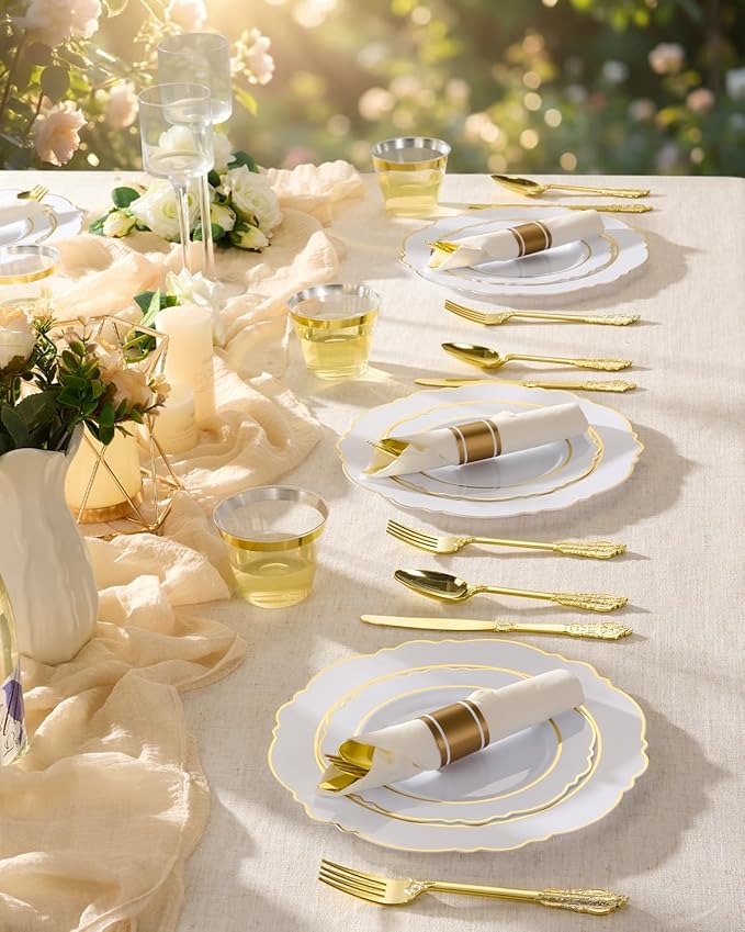 realluck 350 Piece White Gold Plastic Dinnerware Set for 50 Guests Elegant Baroque Disposable Dinnerware for Weddings, Parties, 100 Plastic Plates, 50 Pre Rolled Napkins with Silverware, 50 Cups