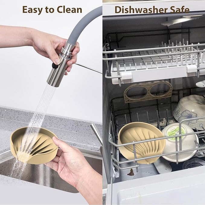 Sponge Holder for Scrub Daddy with Suction Cups and Drain Spout Kitchen Sink Caddy Organizer, Soap Dishes Holder Accessories Rack, Dishwasher Safe - 4.7"x4.7", Sand Color