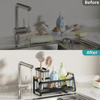 Sink Caddy Organizer with Wooden Handle & Self-Draining Tray, Trapezoid Kitchen Sponge Holder with Non-Slip Suction Cups , Organizer for Sponge, Brush, Soap Dispenser for Sink and Bathroom Countertop