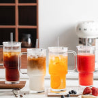 INSETLAN 26oz Glass Tumbler with Handle & Lid – 2-Pack Large Iced Coffee Cups with Straws, Modern Glass Mug for Cold & Hot Beverages, Aesthetic Glass Cups for Smoothies, Tea, and Juice