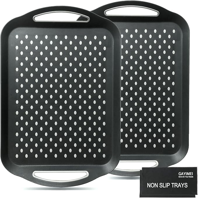 Large Anti-Slip Serving Tray with Handles, Dual Rubber Grippy Lap Food Trays for Eating, Dinning, Breakfast, on Couch/TV, Black - Set of 2