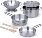 Melissa & Doug Stainless Steel Pots & Pans, 8 Piece Play Kitchen Set, Premium Play Kitchen Accessories & Cooking Utensils, Preschool Toys for Kids 3+