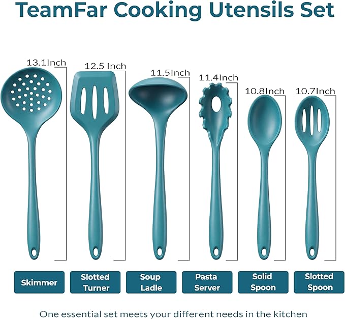 TeamFar Silicone Cooking Utensils Set of 6, Kitchen Utensils Set, Includes Ladle Slotted Turner for Non-stick Cookware, Healthy & One-Piece, Non-Scratch & Heat Resistant, Dishwasher Safe, Dark Blue