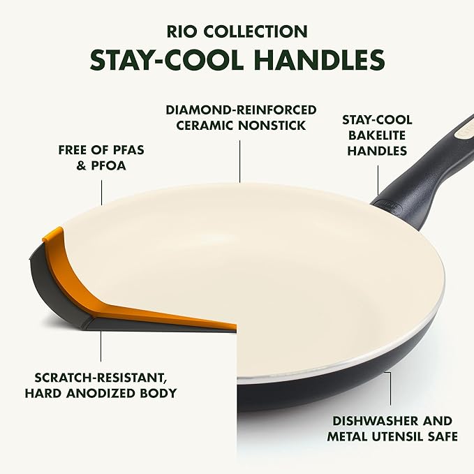 GreenPan Rio Healthy Ceramic Nonstick 13.5" Frying Pan Skillet, PFAS-Free, Dishwasher Safe, Black