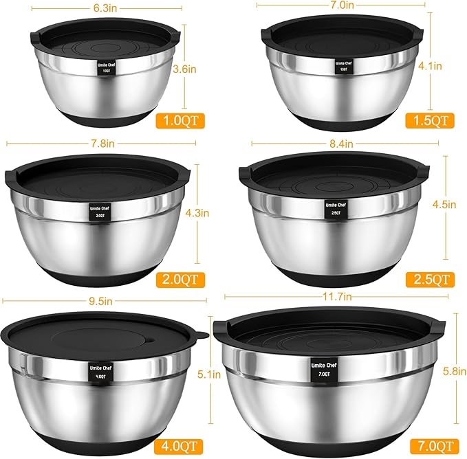 Thickened Stainless Steel Mixing Bowls with Airtight Lids, Umite Chef 26Pcs Stainless Steel Bowls Set, 3 Grater Attachments & Black Non-Slip Bottoms Size 7, 4, 2.5, 2.0,1.5, 1QT for Mixing & Serving