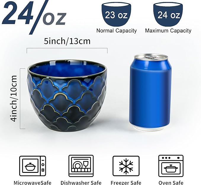 Ceramic Cereal Bowls Set for kitchen,24 oz Deep Soup Bowls for Cereal, Salad, Pasta,Ramen,Porcelain Soup Oatmeal Bowls Set of 2,Microwave & Dishwasher Safe. (Dark Blue)