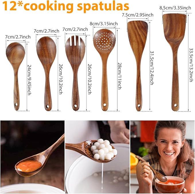 12Pcs Teak Spoons Set Sturdy Cooking Utensils Set with Hanging Hole Wooden Spoons Wood Spatula Spoon Comfortable Grip Colander Fork Set for Kitchen Cooking