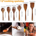 12Pcs Teak Spoons Set Sturdy Cooking Utensils Set with Hanging Hole Wooden Spoons Wood Spatula Spoon Comfortable Grip Colander Fork Set for Kitchen Cooking