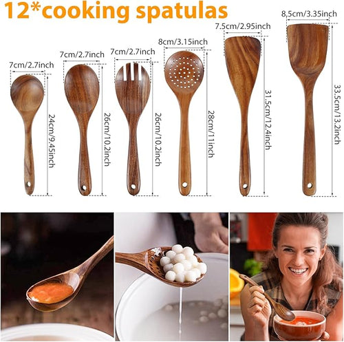 12Pcs Teak Spoons Set Sturdy Cooking Utensils Set with Hanging Hole Wooden Spoons Wood Spatula Spoon Comfortable Grip Colander Fork Set for Kitchen Cooking