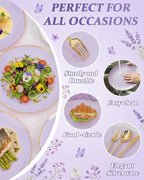 bUCLA 150PCS Purple Plastic Plates - Light Purple and Gold Disposable - Include 25 Each (Dinner & Dessert) lavender Plates, 25 Knives, 25 Forks, 25 Spoons & 25 Cups for Party, Birthday & Wedding
