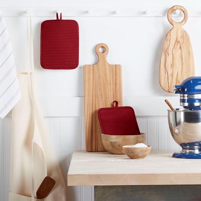 KitchenAid Ribbed Soft Silicone Pot Holder 2-Pack Set, Smoked Paprika Red, 7"x9"