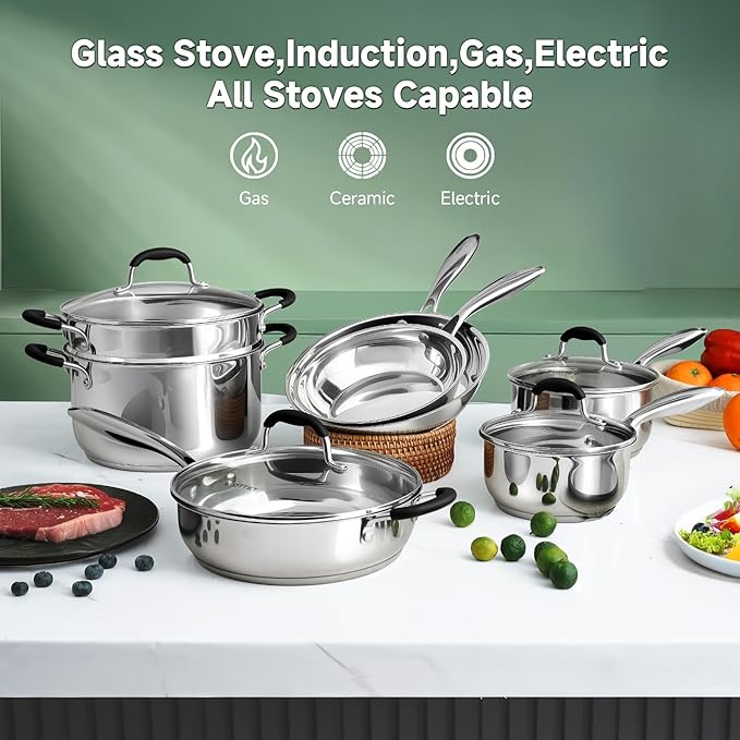 Stainless Steel Kitchen Cookware Set,11 Piece Pots and Pans Set with Steamer,Heat-resistant Handle,Non-Toxic,Induction,Oven,Dishwasher Safe
