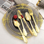 Nervure 175pcs Clear Black Plastic Plates - Gold Plastic Dinnerware Set for 25 Guests include 50 Disposable Plates,75 Gold Silverware,25 Cups,25 Napkins Perfect for Party&Independence Day