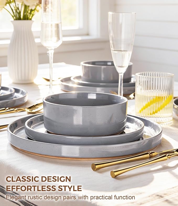 AmorArc Ceramic Dinnerware Set for 4 | Speckled Stoneware Plates and Bowls with unglazed terracotta | Scratch Resistant, Dishwasher & Microwave Safe Dishes Sets- 12-Pcs Gray