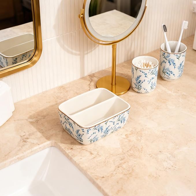 2 Compartments Ceramic Sponge Holder for Kitchen Sink, Cute Floral Countertop Dish Sponges Holder Soap Sink Organizer Farmhouse Caddy Blue Flowers
