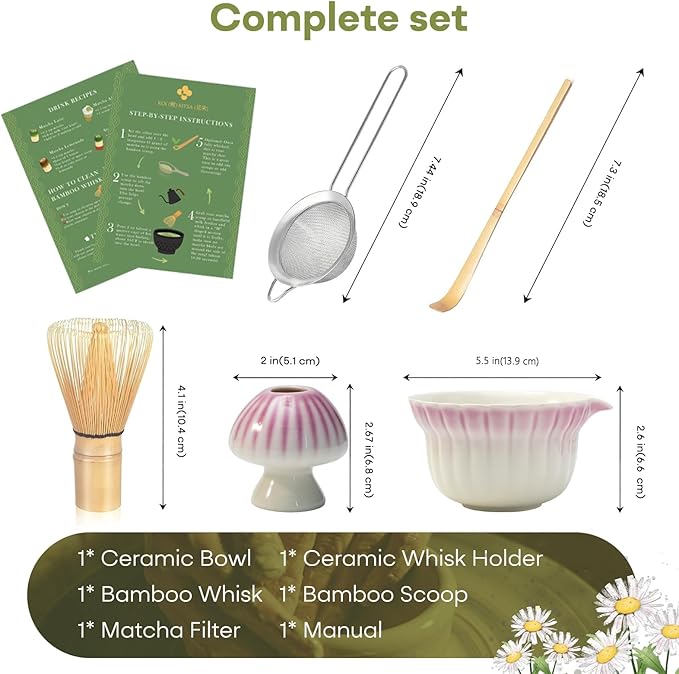 Matcha Whisk Set, Matcha Kit 5 Pcs, Daisy Matcha Bowl and Whisk Set with Sifter, Holder & Scoop，Japanese Ceremony Matcha Tea Making Tools, Complete Starter Set for Beginners, Purple
