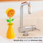 Vigar Flower Power Dish Brush with Handle and Vase Dish Brush Holder, Kitchen Scrub Brush for Pot Scrubber, Dishes, and Sink Cleaning, Orange, Green