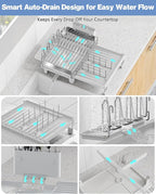 Expandable Dish Drying Rack, Dish Racks for Kitchen Counter, Stainless Steel 304, Flip-Top Retractable Plate, Multi-Directional Adjustable Dish Rack, Space Saving Large Drying Rack Kitchen, White