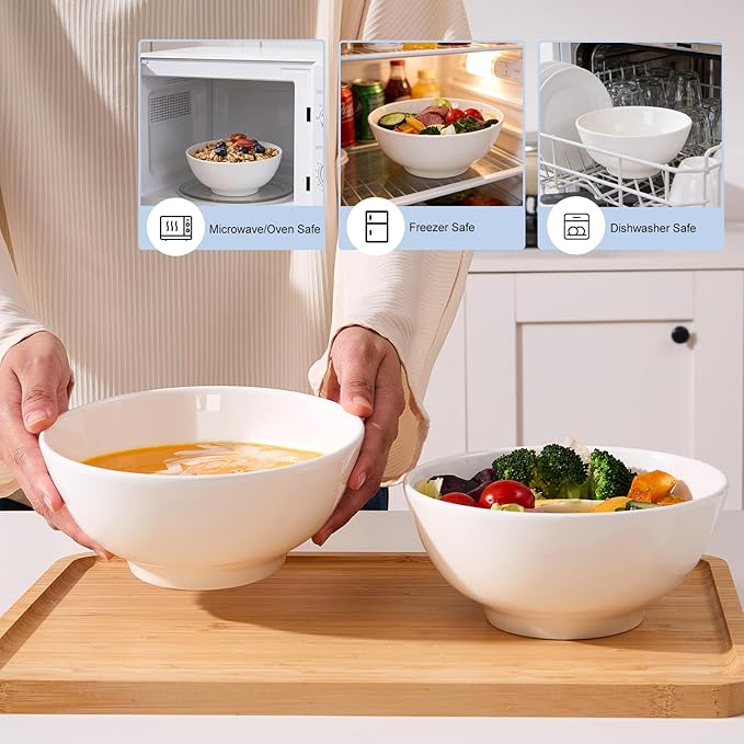 VENVENWEAVS 30 OZ White Thickened Ceramic Bowls Set of 6 Complimentary 6 Spoons, Large Reinforced Ceramic Bowls Perfect for Soup,Salad,Cereal, Ramen And More,Microwave&Dishwasher Safe