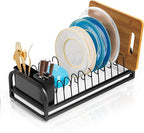 Black Dish Drying Rack Small for Kitchen Counter, 304 Stainless Steel Dish Rack w Tray & Cutlery Holder, Narrow Dish Drainer for Pots & Pans, Cutting Boards, Plates & Lids