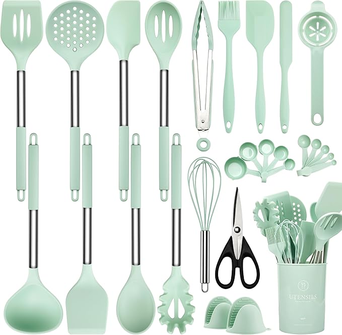 Silicone Cooking Utensils Set, 28 Pcs Kitchen Utensils Set 446°F Heat Resistant Spatula Set, Food Grade Silicone and Stainless Steel Handle Kitchen Gadgets for Nonstick Cookware BPA Free
