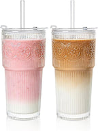SoulTimes 20oz Ribbed & Floral Glass Tumbler Set of 2 – Reusable Glass Cups with Lid and Glass Straw, Iced Coffee Cups for Water, Smoothie, Milk, Cocktail & More – Perfect for Daily Use & Travel