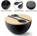 12.6" Extra Large Salad Serving Bowl Set with Wooden Lid&Utensils, 8.4Qt., Bamboo Fiber Salad Bowl with Servers for Kitchen, Big Bowl for Mixing Salad,Fruit,Pasta (Matte Black)