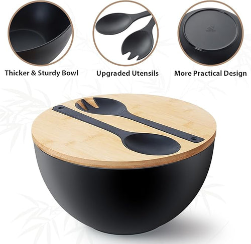 11.3" Extra Large Salad Bowl with Wooden Lid & Servers, 208Oz, Oversized Bamboo Fiber Salad Serving Set with Utensils for Home/Kitchen, Big Lightweight Bowl for Mixing Salad,Fruit,Pasta - Matte Black