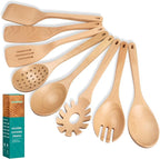 Wooden Spoons for Cooking, Beech Wood Kitchen Utensil Set, Premium Handmade Wooden Cooking Utensils for Nonstick Cookware, Heat Resistant, Smooth Finish, Comfortable Grip, 8 Piece